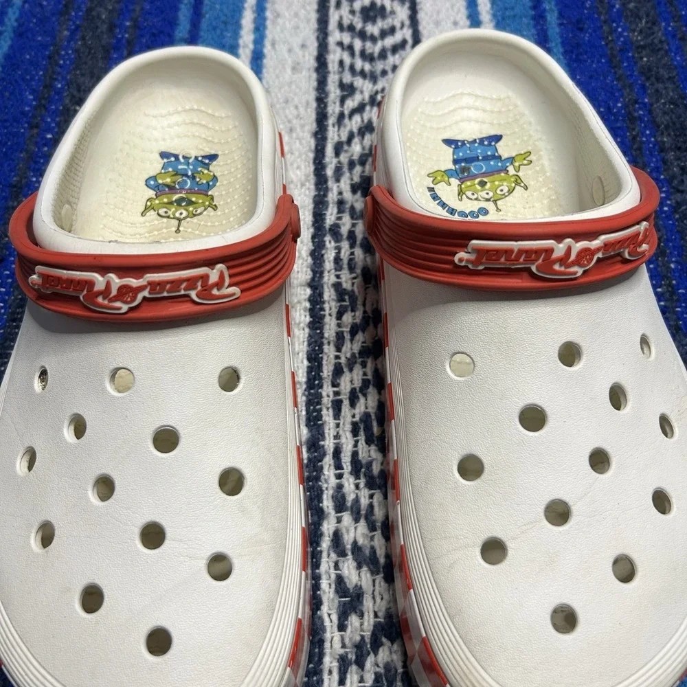 Crocs Disney Toy Story Pizza Planet Clog Shoes Mens 9 Womens 11 Red White Pixar